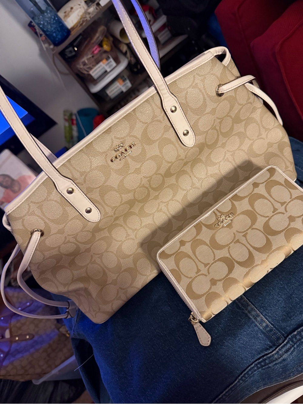 Coach Beige Signature Canvas Tote with Matching Zip Wallet